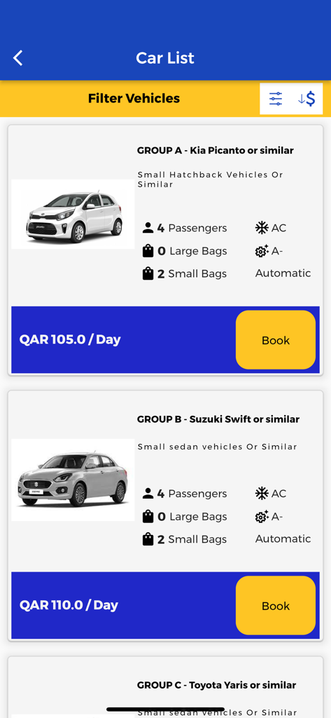 A mobile app screen displaying a list of rental car options including Kia Picanto and Suzuki Swift with daily rates and vehicle specifications.