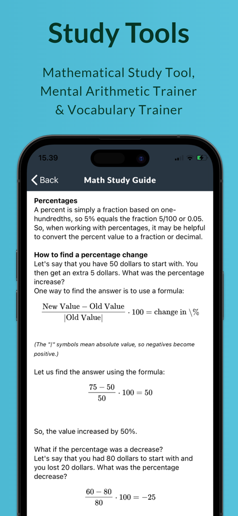 CFAT Trainer app interface showing a mathematical study guide for percentages and formulas.