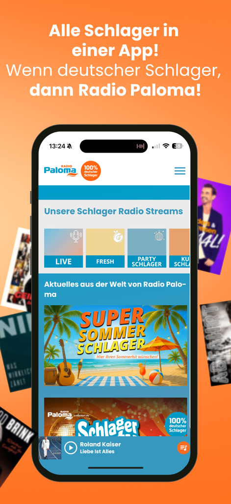 Schlager Radio Paloma - Pantalla de smartphone mostrando la aplicación Schlager Radio Paloma con varios canales de radio de música alemana