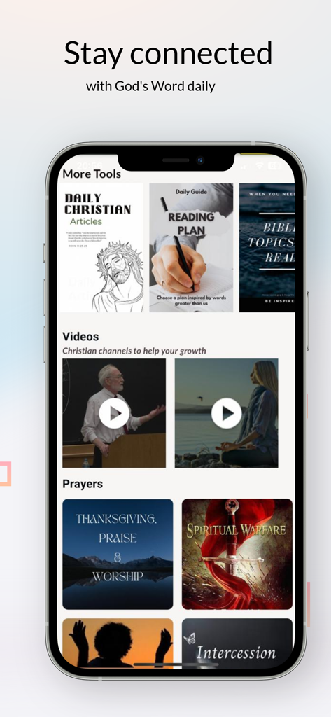 Bible NIV: with study tools - Captura de pantalla de la aplicación Biblia que muestra artículos cristianos, planes de lectura, videos inspiradores y categorías de oración