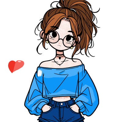 girl with a messy ponytail glasses a baggy crop top and jean shorts