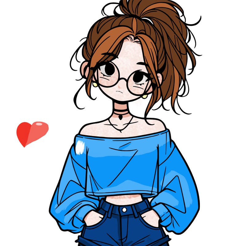 girl with a messy ponytail glasses a baggy crop top and jean shorts