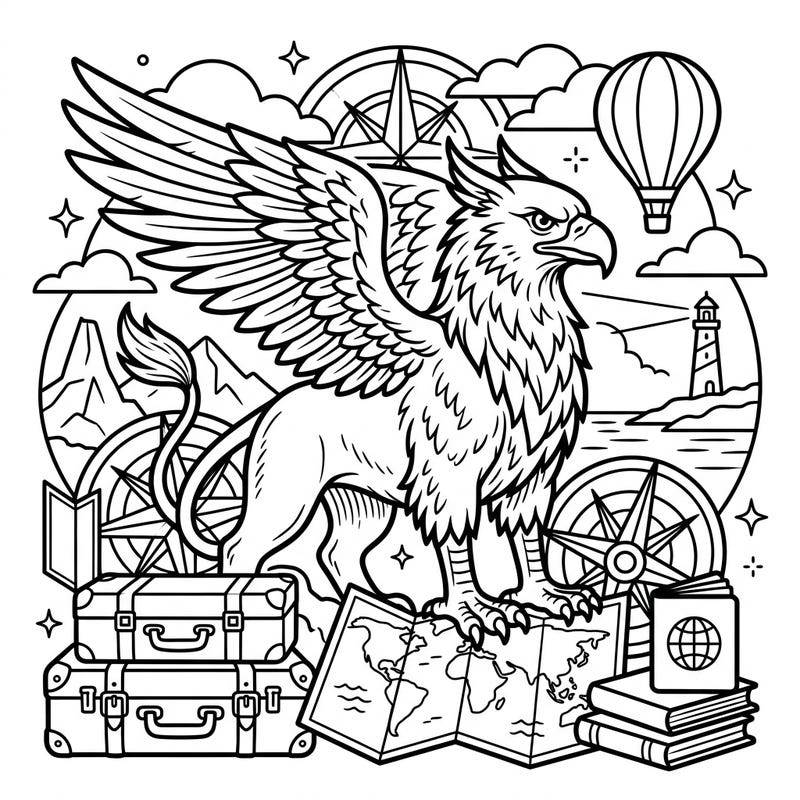 Unleash your creativity with this epic griffin coloring page, set against a backdrop of exciting travel and adventure scenes. Perfect for teens who love fantasy and exploring new worlds, it promises hours of imaginative fun.