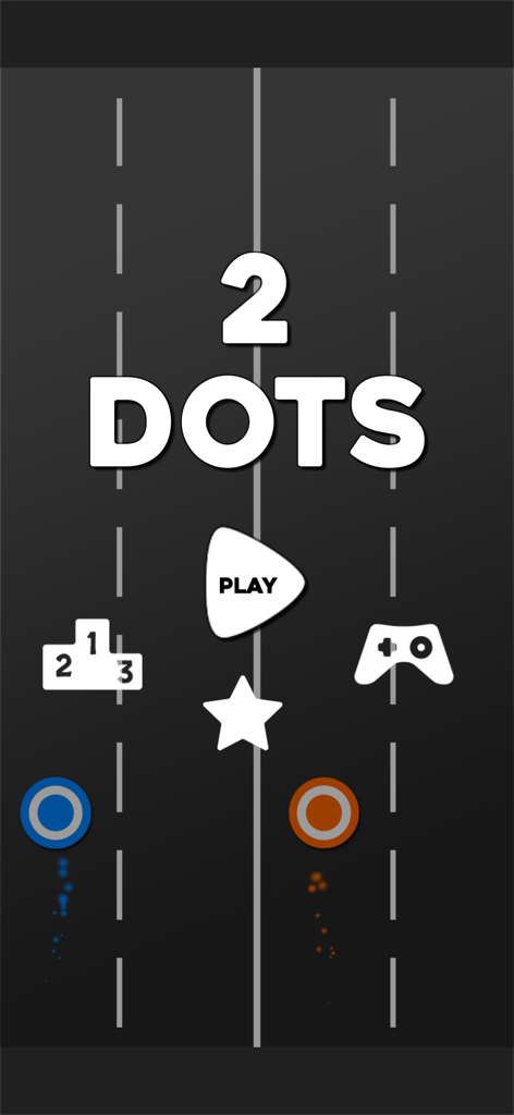 Pantalla del menú principal del juego arcade 2 Dots Avoid Squares con el botón de jugar y puntos de colores
