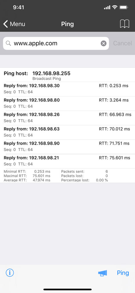 iNet Pro - Network Scanner - iNet Pro network ping test results showing IP addresses and round trip times