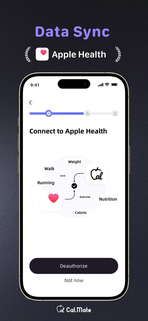 Calorie Tracker-CalorieMate - CalorieMate app interface showing data synchronization with Apple Health