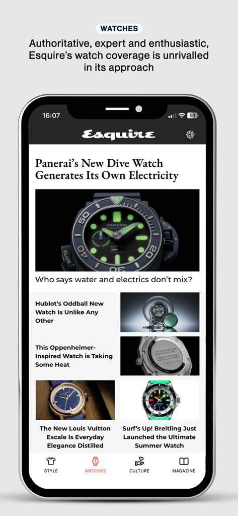 Esquire UK - Esquire UK mobile app displaying luxury watch articles and expert coverage