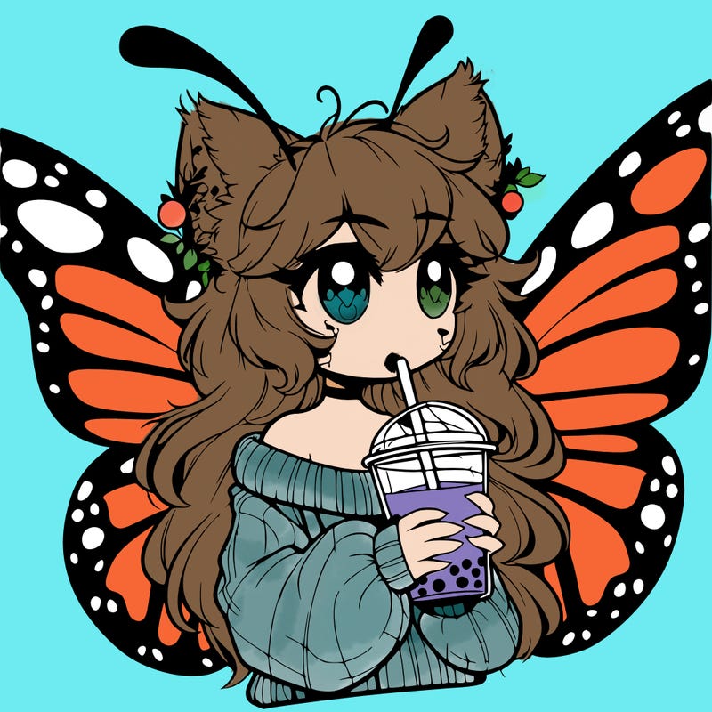 a realistic butterfly/furry girl drinking boba