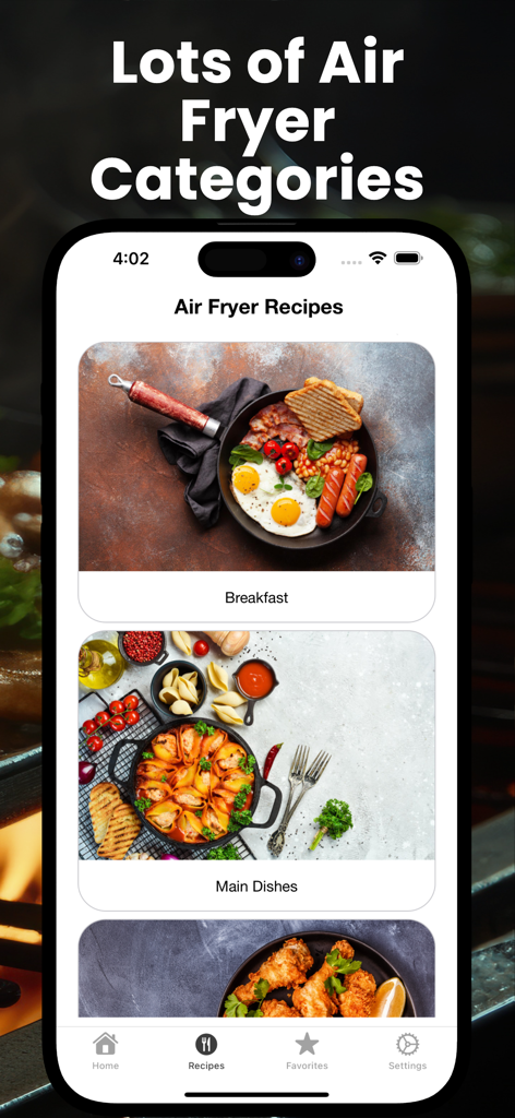 Air Fryer Recipes - Low Fat - Mobile app screen displaying various air fryer recipe categories like breakfast and main dishes