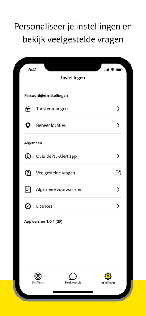 Einstellungsmenü der NL-Alert Notfall-App mit Optionen für Berechtigungen und Standortverwaltung.