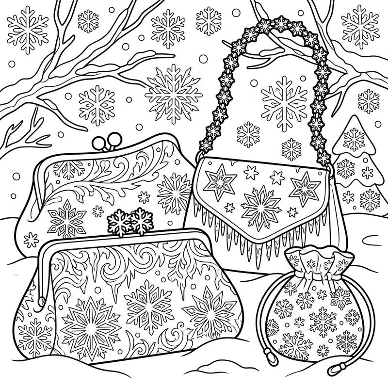 Step into a world of winter elegance with this delightful coloring page featuring stylish evening bags covered in enchanting snowflakes. Perfect for young artists to express their creativity during the frosty season.