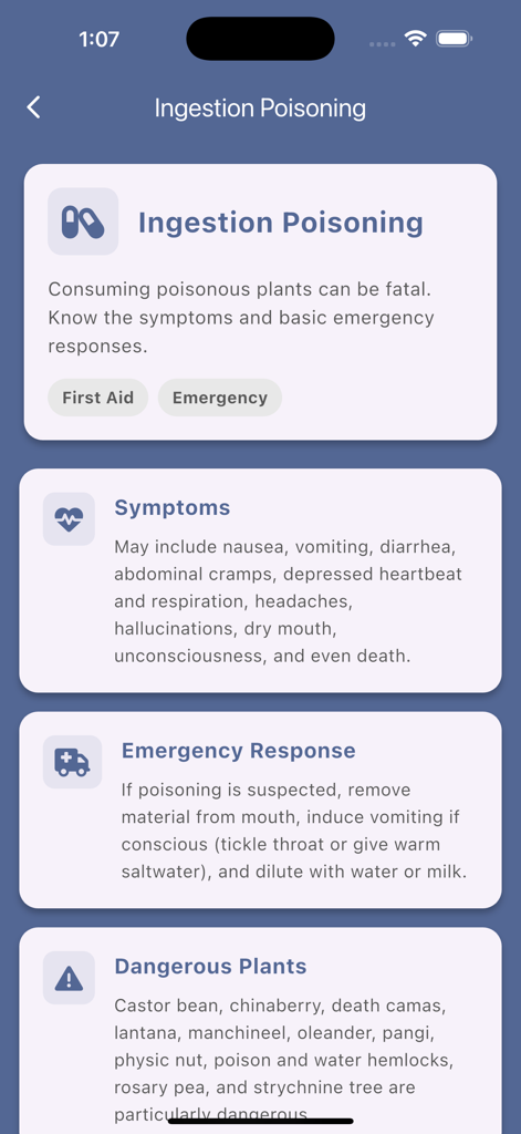Edible and Poisonous Plants - Emergency information on symptoms and responses for plant ingestion poisoning