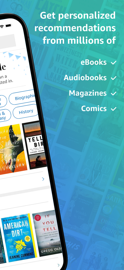 Amazon Kindle app screen showing personalized recommendations for eBooks, audiobooks, magazines, and comics.