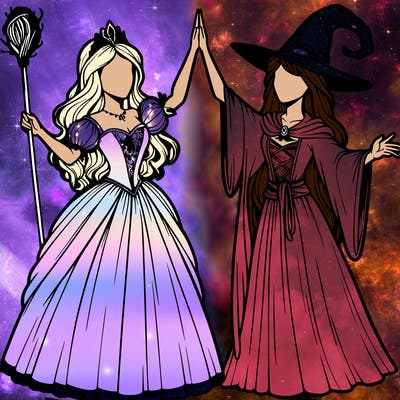 detailed realistic split of a princess and a witch