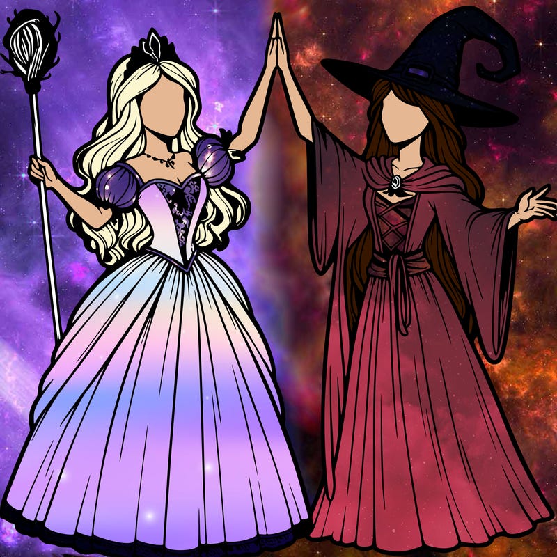 detailed realistic split of a princess and a witch