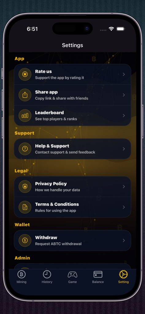 Bitcoin Mining - Alpha BTC - Einstellungsbildschirm der Alpha BTC-App, der App-Informationen, Support-Links und Auszahlungsoptionen für virtuelle Wallets anzeigt.