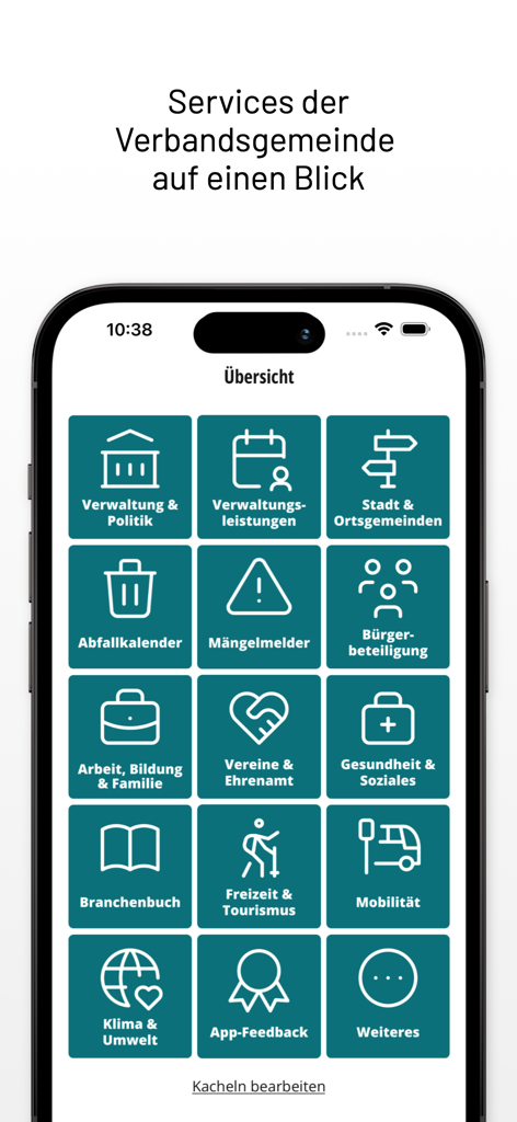 Uma tela de smartphone exibindo uma grade de ícones de serviços para o aplicativo Meine Region Linz, incluindo administração, calendário de lixo e mobilidade