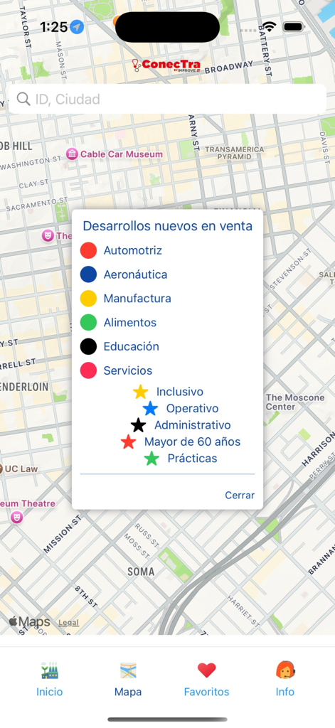 ConecTra - Map interface of the ConecTra app displaying job search filters by industry and job type in Spanish.