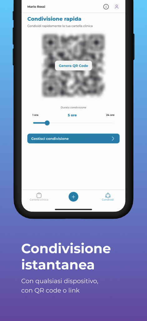 DataMed - Pantalla de la aplicación DataMed que muestra el intercambio instantáneo de historial de salud mediante código QR con límites de tiempo ajustables
