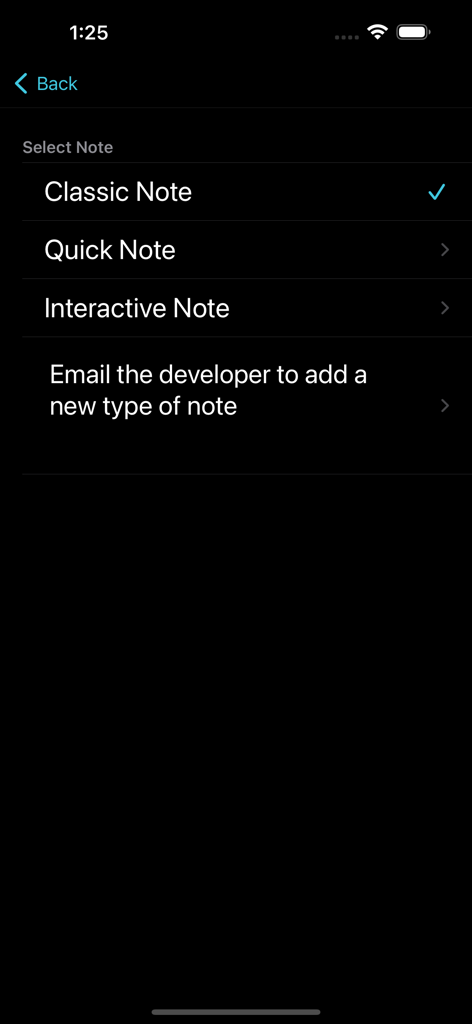 Big Note. - Sélection du menu pour les types de notes Classique, Rapide et Interactif dans l'application Big Note.