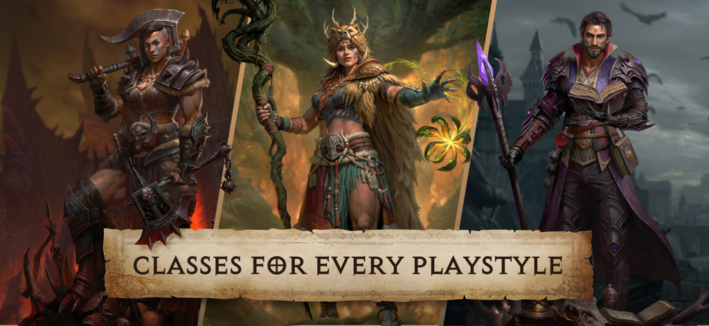 Diablo Immortal character classes featuring Barbarian Druid and Wizard with text classes for every playstyle