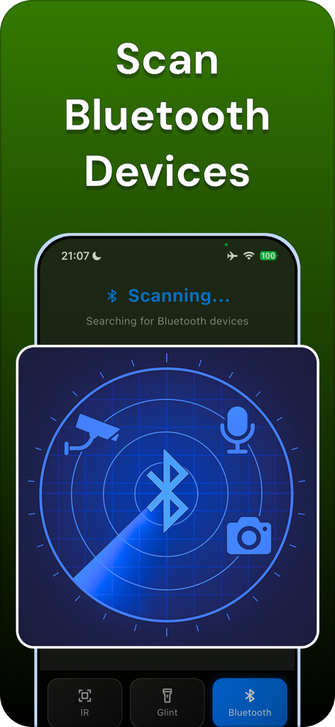 Detect Hidden Device - Mobile app interface showing a radar scanning for hidden Bluetooth devices like cameras and microphones