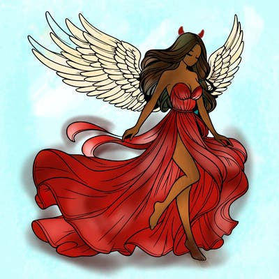 realistic woman with wings and with long flowy dress blowing in the wind