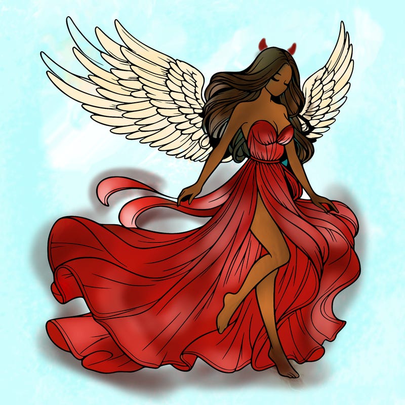 realistic woman with wings and with long flowy dress blowing in the wind