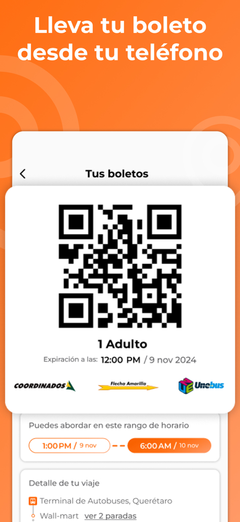 Un boleto de autobús digital con un código QR mostrado en la aplicación móvil Conecta GFA para viajes sin papel