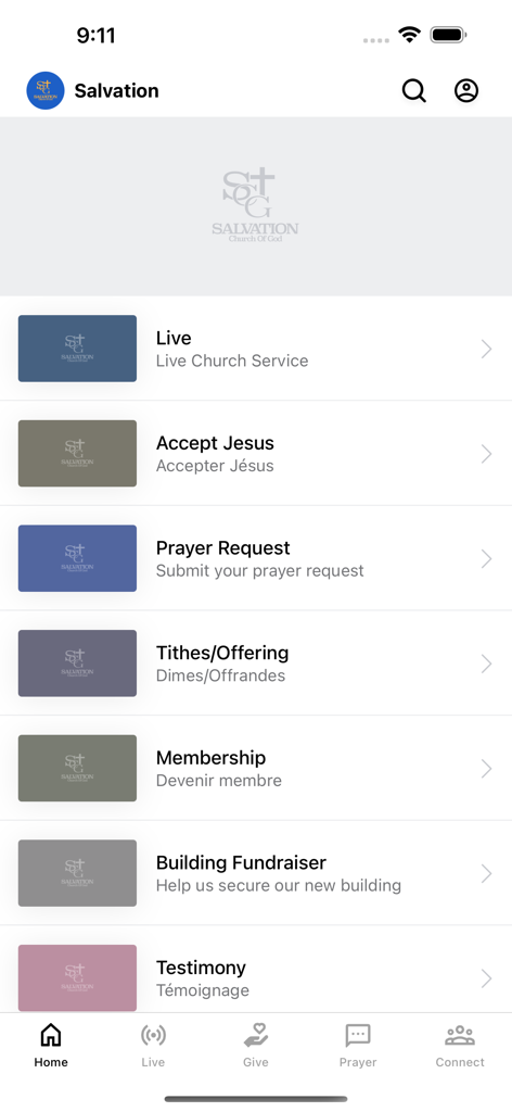 Salvation Church of God - Salvation Church of God mobile app home screen with bilingual menu options for services and prayer