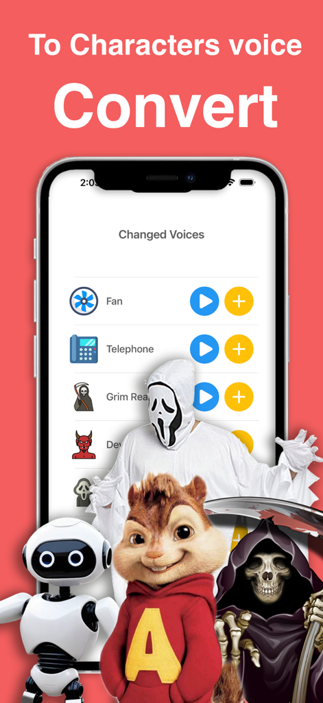 ボイスチェンジャーアプリのインターフェースに、ロボット、リス、幽霊などのキャラクターボイス変換オプションが表示されています。