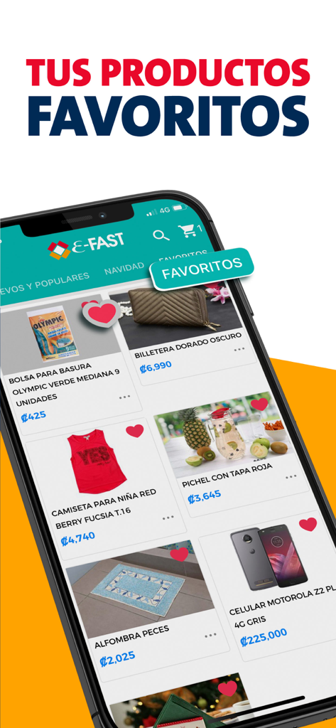 E-Fast - Écran des favoris de l'application E-Fast affichant divers produits de détail avec les prix en espagnol