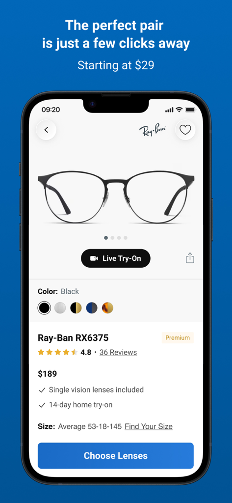 Oberfläche der GlassesUSA-App mit Ray-Ban RX6375-Brillen mit Live-Anprobe-Funktion