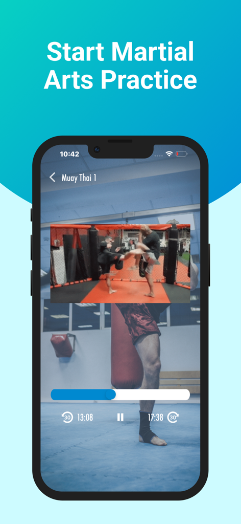 Une interface mobile affichant une vidéo d'instruction de Muay Thai pour l'entraînement aux arts martiaux mixtes.