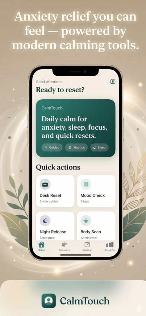 Pantalla de iPhone mostrando la página principal de la aplicación CalmTouch con ejercicios rápidos de alivio del estrés