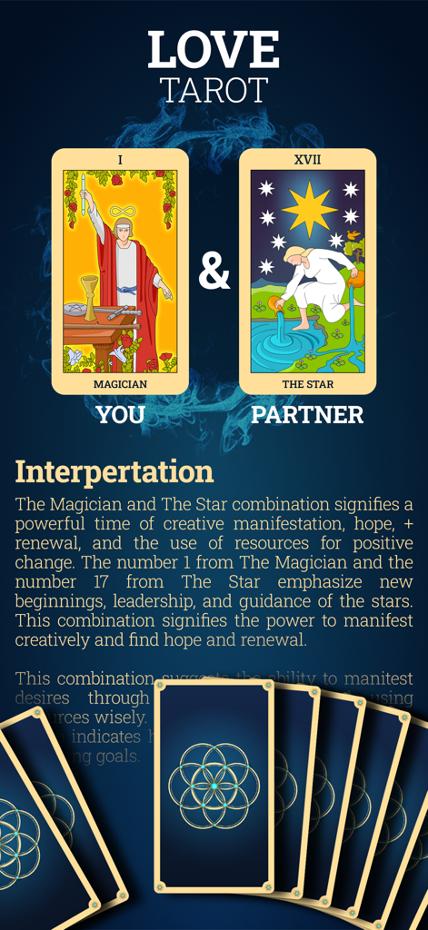 Love Tarot reading showing The Magician and The Star cards with a detailed interpretation of relationship compatibility