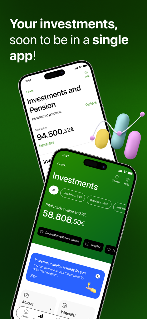 Intesa Sanpaolo Mobile app screens showing investment and pension portfolios with total market values.