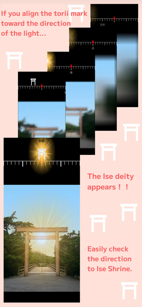 Oh! Ise-san - Instructional screens from the Oh! Ise-san app showing how to use the compass to find the direction of Ise Grand Shrine.