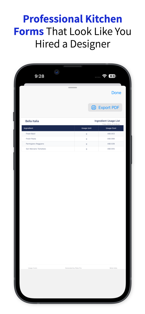 Professional ingredient usage list and kitchen form in Plate Pro app showing PDF export options