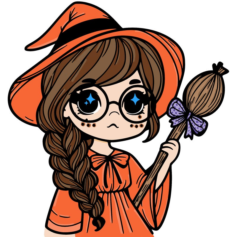a witch with a braid and two glasses