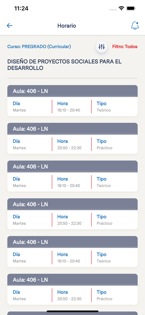 Trilce UCV - Interfaz de aplicación móvil que muestra un horario de clases universitarias con detalles de sesiones para un curso de proyectos sociales