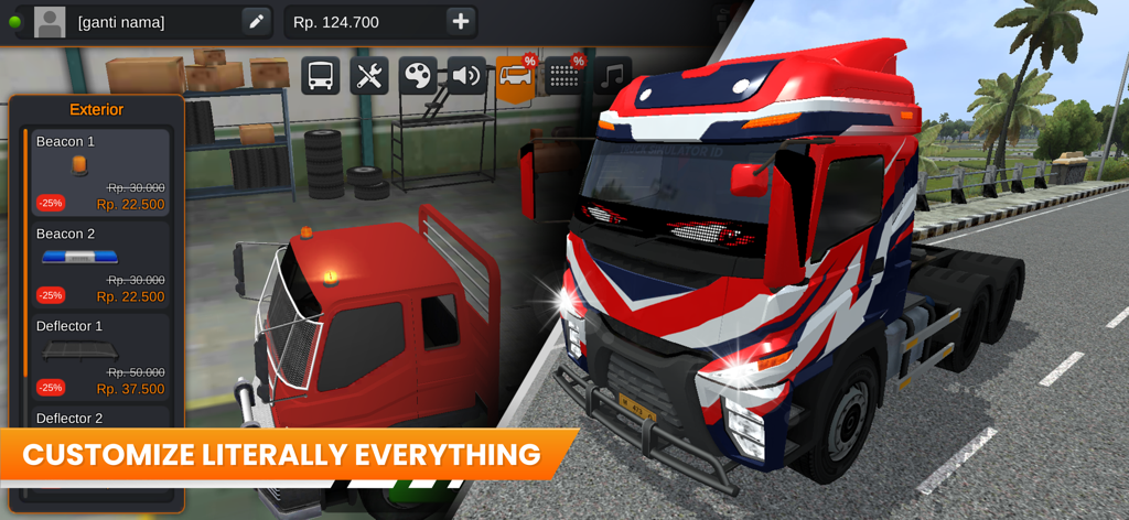Truck customization menu in Truck Simulator Indonesia showing exterior upgrade options for beacons and deflectors