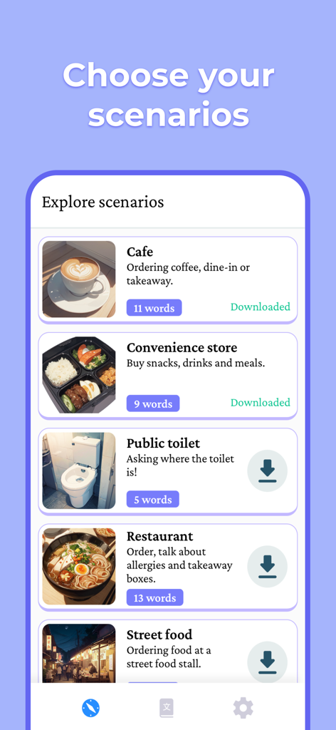 Dango app screen showing travel scenarios for learning practical Japanese phrases