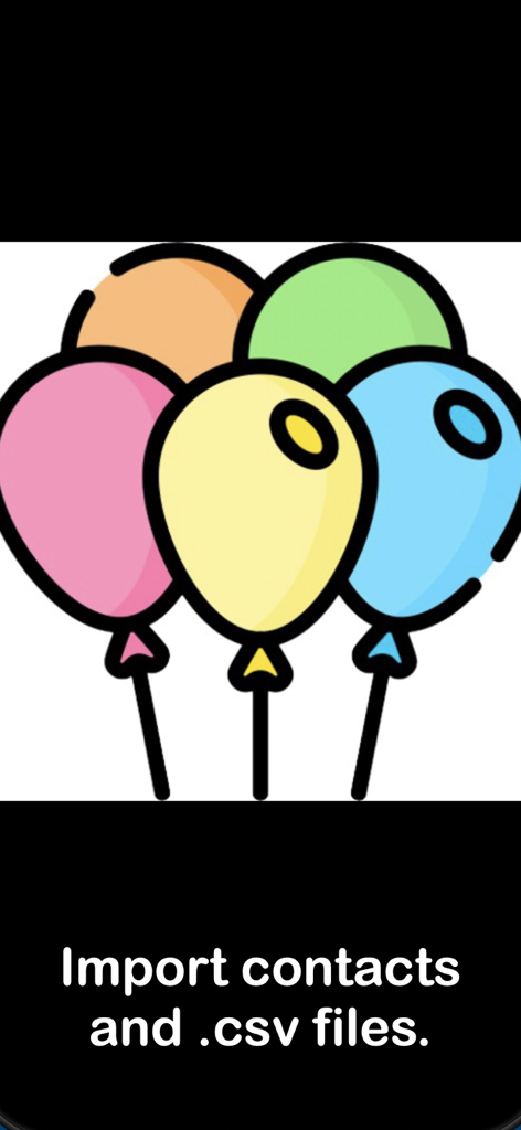 Birthday Reminder Pro - Colorful balloons illustration with text explaining how to import contacts and CSV files