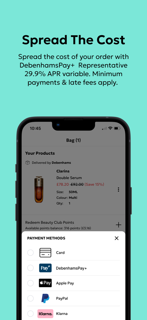 Debenhams app checkout screen showing payment methods like Apple Pay and Klarna