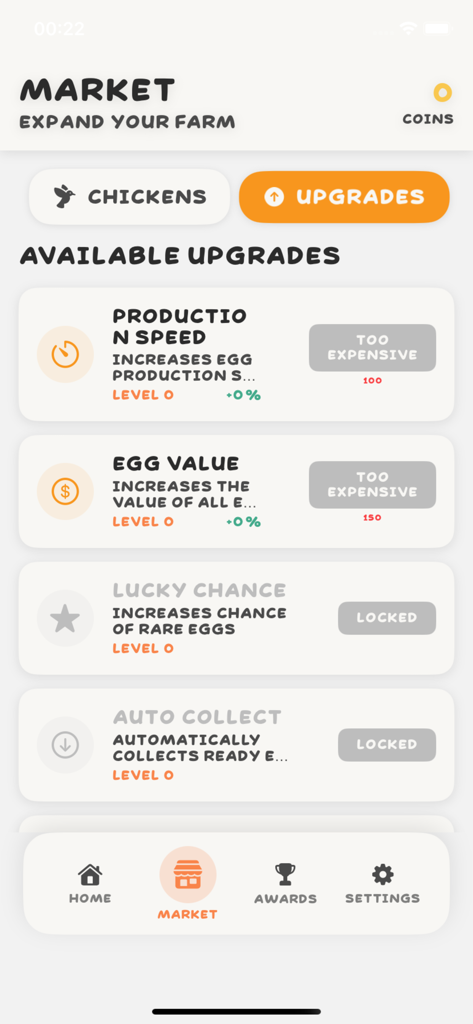 In-game market screen showing available farm upgrades for egg production speed and value
