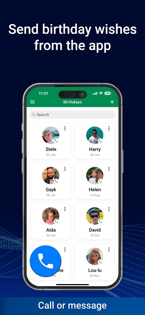 Calendar: To Do List & Notes - A screen in the MC Calendar app displaying a list of birthdays with options to call or message contacts.