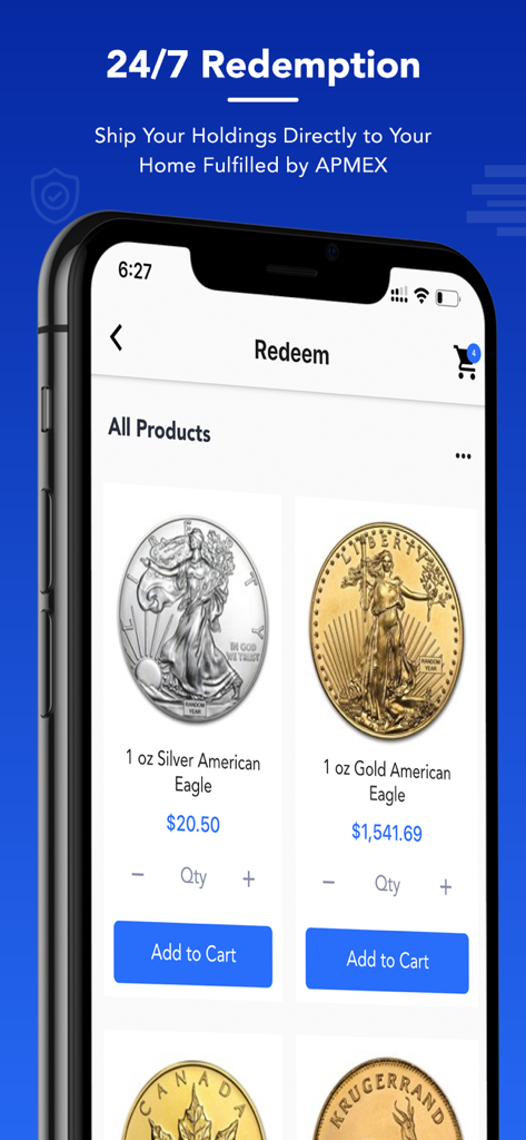 OneGold app screen showing options to redeem silver and gold holdings for physical delivery