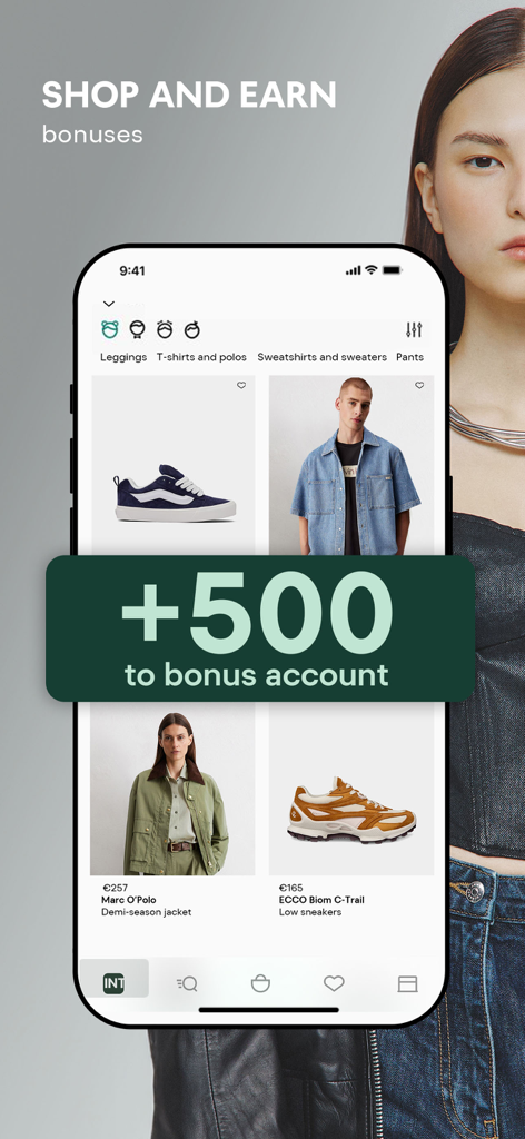 INTERTOP mobile app showing a 500 bonus points notification and a selection of fashion brands like Marc OPolo and ECCO.