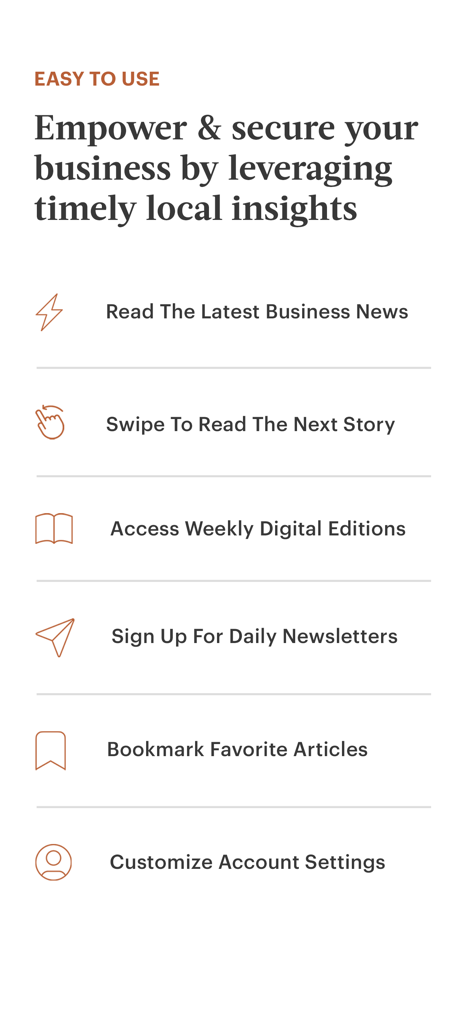 Buffalo Business First app features list showing local business news and daily newsletters
